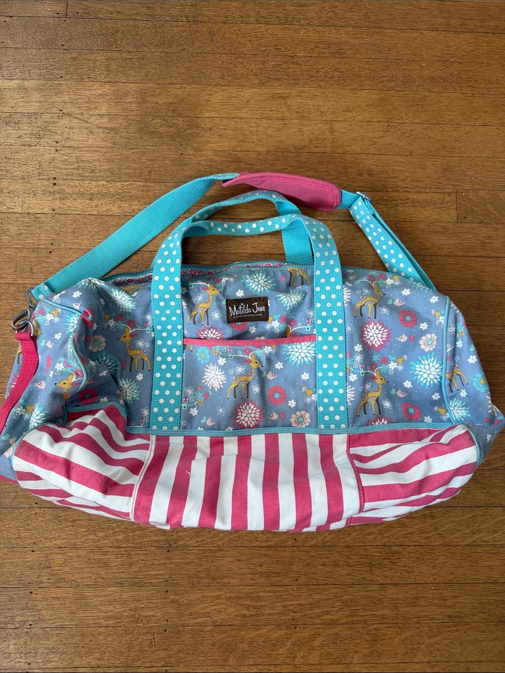 Matilda Jane Aqua Polka Dot Handle Floral & Pink Stripe Duffel